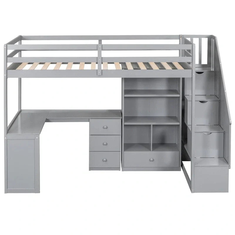 Loft Bed with Desk Storage Drawers Shelves and Staircase