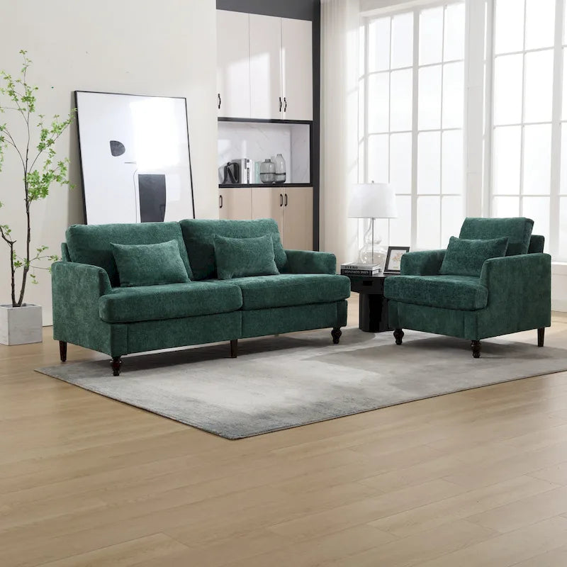 HOMEFUN Chenille Upholstered Loveseat and Armchair Set with Wooden Frame for Living Room