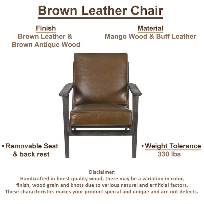 Handcrafted Amber Accent Chair with Slatted Mango Wood, Buffalo Leather Cushions, and Angled Legs