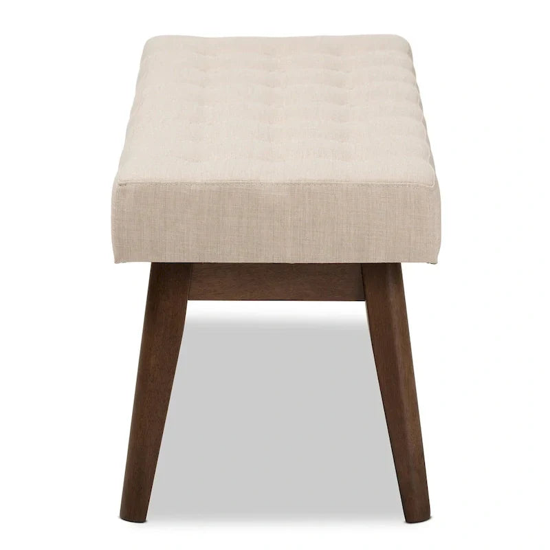 Mid Century Upholstered Bench with Tufted Seat and Wooden Legs