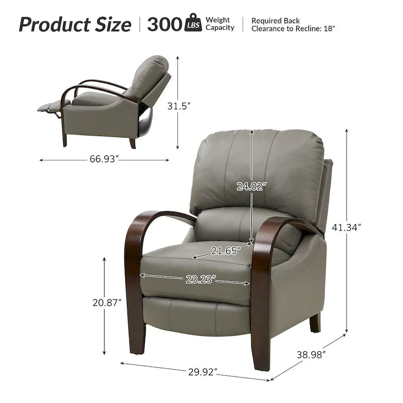 Set of 2 Alex Mid-Century Modern Genuine Leather Manual Recliners with Curved Wooden Arms