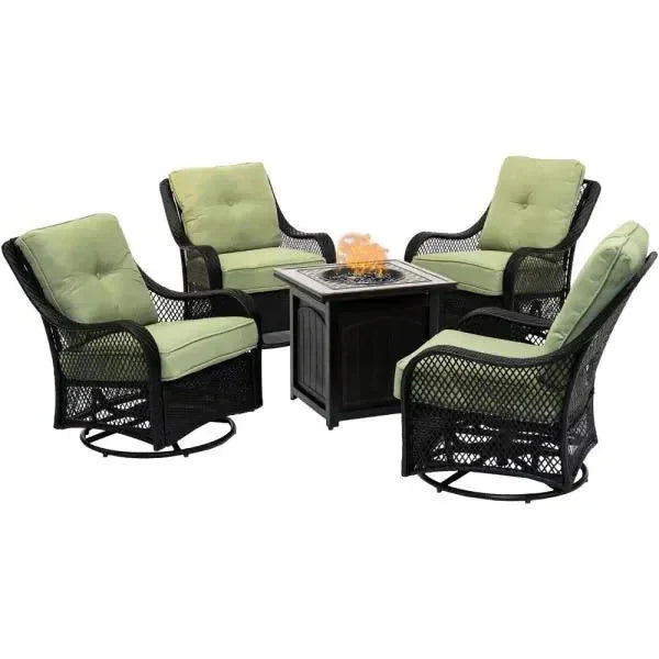 2025 5-Piece Steel Patio Fire Pit Conversation Set with Navy Blue Cushions, Swivel Gliders and Square Fire Pit Table