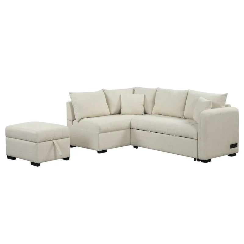 Sectional Sofa Bed with Storage Ottoman USB Ports and Pull Out Design