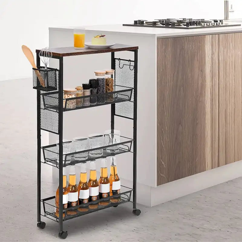 Kleio 4-Tier Wooden Kitchen Cart with Wheels and Baskets - Mobile Utility Storage