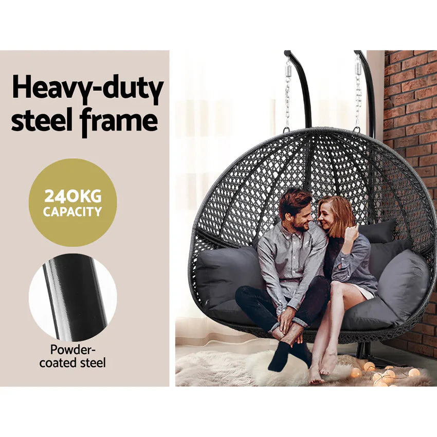 Gardeon Outdoor Egg Swing Chair Wicker Furniture Pod Stand Cushion 2 Seater Grey
