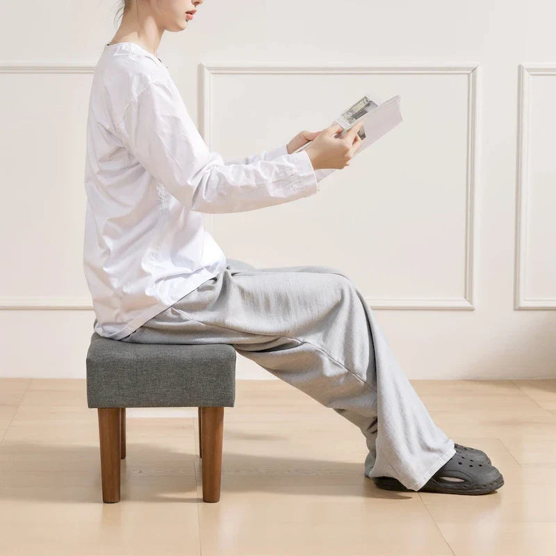 Set of 2 Small Linen Foot Stools with Legs - Rectangle Upholstered Ottoman Footrests