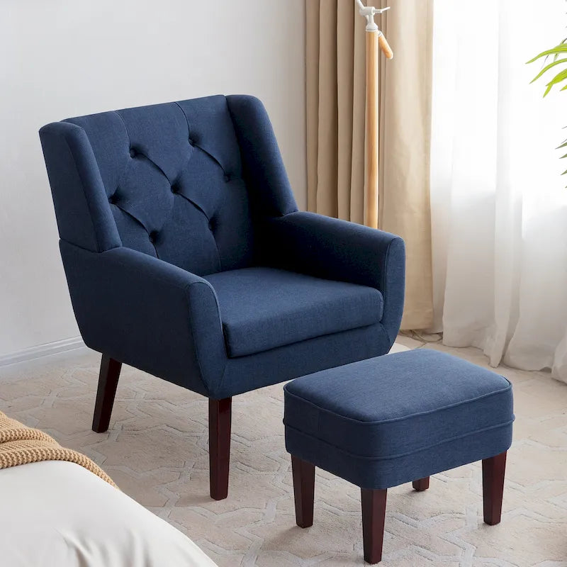 HUIMO Fabric Accent Chair and Ottoman Set - Available in Grey, Beige, Blue, and Dark Teal