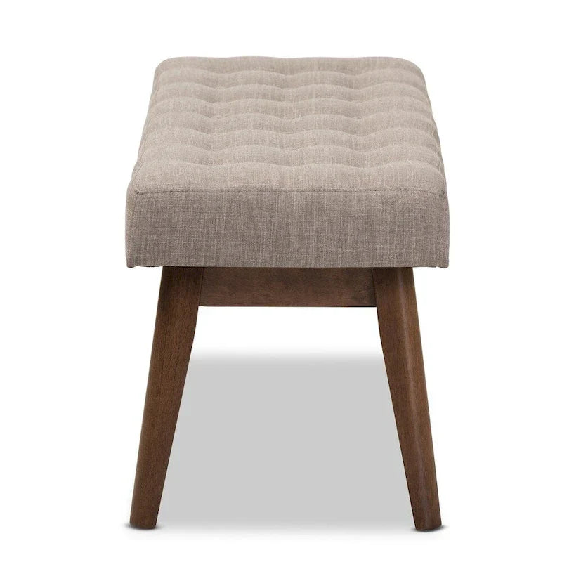 Mid Century Upholstered Bench with Tufted Seat and Wooden Legs