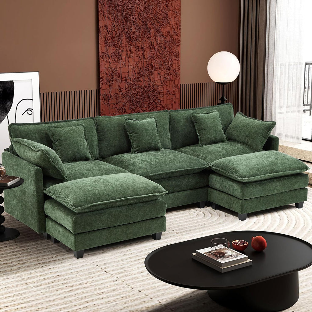 Ihanherry 146" U-Shaped Modern Sofa Modular Sectional Cloud Couch with 2 Ottoman, 6-Seat Chenille Deep Seat Sofa with 6 Pillows for Living Room, Bedroom and Apartment, Grey