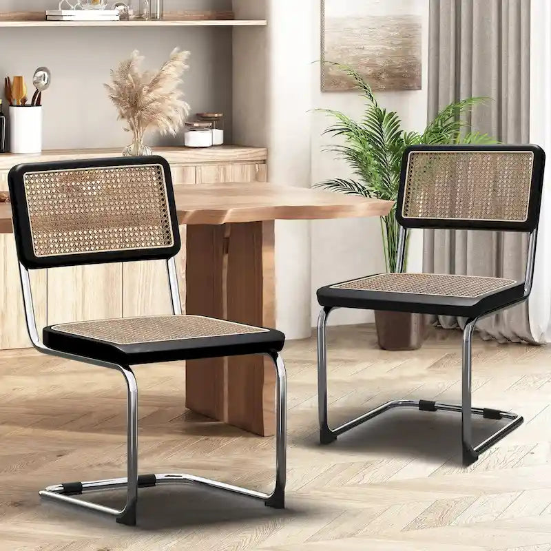 Set of 2 Upholstered Natural Rattan Dining Chairs - Armless Accent Side Chairs for Kitchen