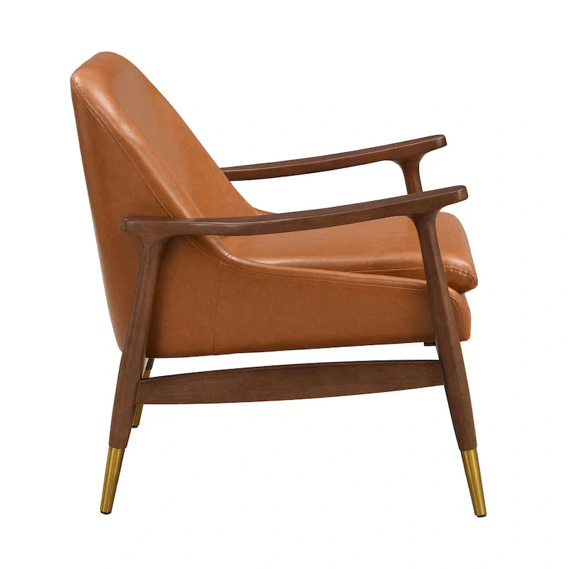 Mid-Century Modern Faux Leather Accent Chair - 29.2", Cushioned Seat, Sturdy Wood Frame, and Brass-Tipped Legs
