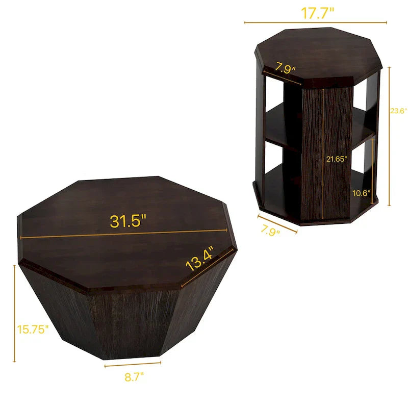 Set of 2 Octagonal Rubber Wood Coffee Tables - 31.5 Inches