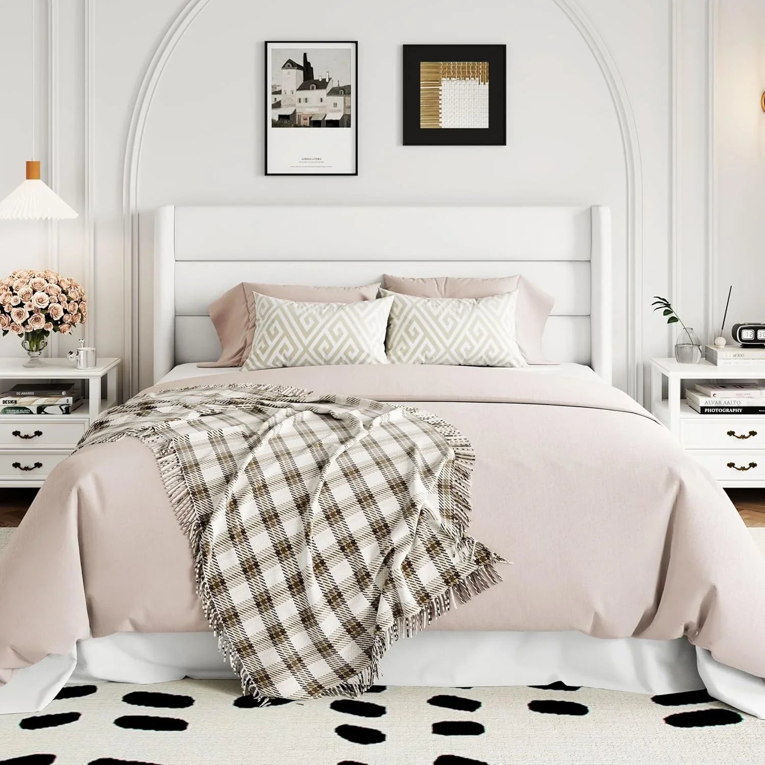 Allewie Queen Size Lift Up Storage Bed, Modern Wingback Headboard, Hydraulic Support, No Box Spring Needed, Light Beige