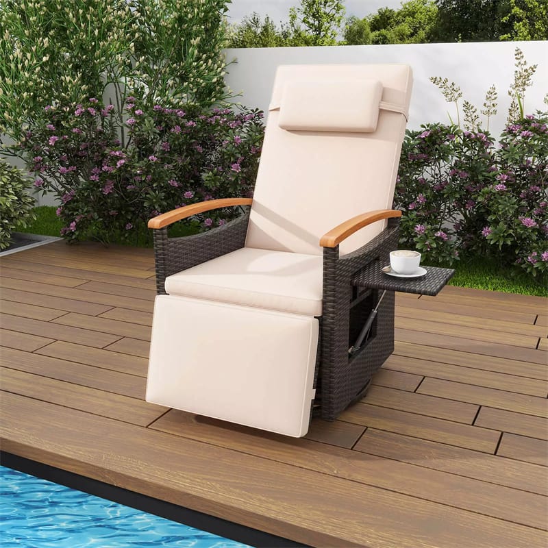 Outdoor 360° Swivel Rattan Recliner Chair with Adjustable Backrest & Footrest, Patio Wicker Chaise Lounge Chair with Flip Side Table & Cushion