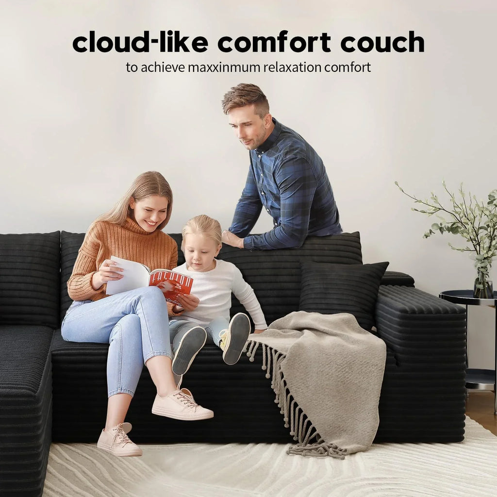107.5" Cloud Modular Sectional Sofa Couch with L-Shape Chaise,Modern Minimalist Upholstered Couches for Living Room Bedroom,Deep Seat Corner Couch .No Assembly Required (Black,Left Facing Chaise)