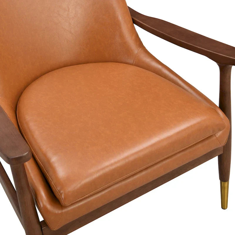 Mid-Century Modern Faux Leather Accent Chair - 29.2", Cushioned Seat, Sturdy Wood Frame, and Brass-Tipped Legs