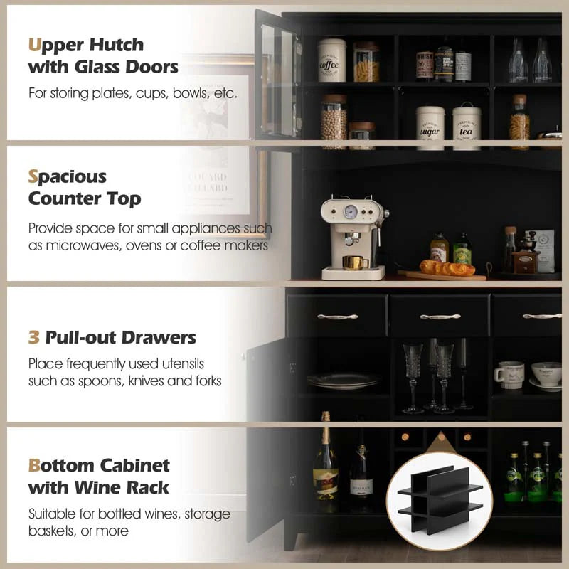 Wood Buffet Hutch Cabinet Kitchen Hutch Sideboard Kitchenware Server with 3 Large Drawers & 9 Wine Grids