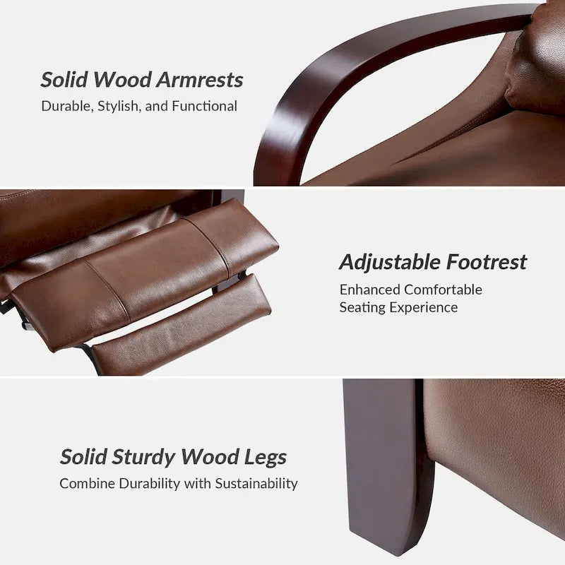 Set of 2 Alex Mid-Century Modern Genuine Leather Manual Recliners with Curved Wooden Arms