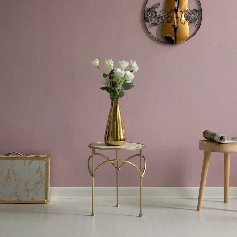 Set of 3 Decorative Gold Metal Round Plant Stands with Modern White Marble Top - Stylish End Side Tables
