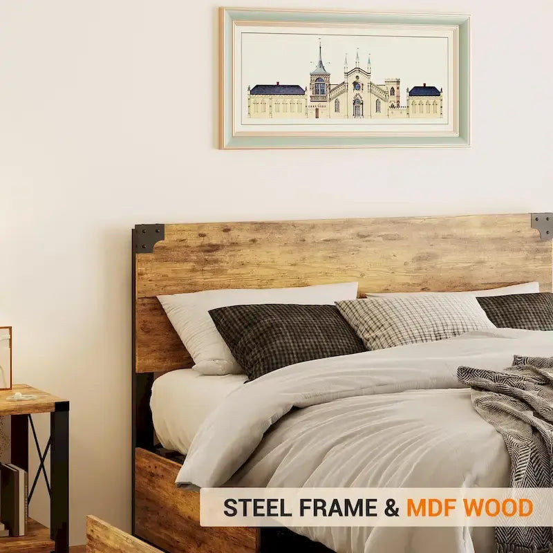 Metal Bed Frame with Wooden Headboard and 4 Storage Drawers
