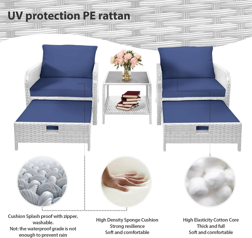 LEVELEVE Balcony Furniture 5 Piece Patio Conversation Set, PE Wicker Rattan Outdoor Lounge Chairs with Soft Cushions 2 Ottoman&Glass Table for Porch, Lawn-Brown Wicker