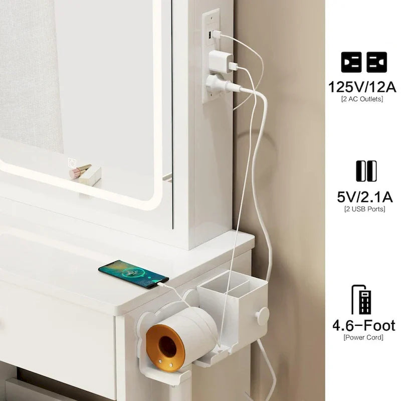 LED Mirror Makeup Vanity with Left Drawer, USB Charging Station, and Padded Stool