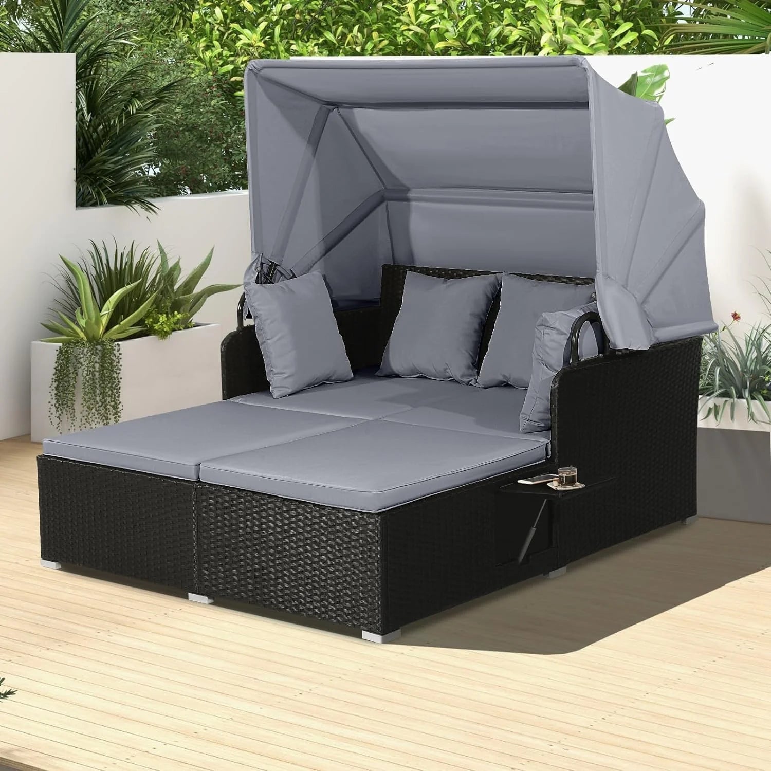 RELAX4LIFE Patio Outdoor Daybed with Canopy, Wicker Sunbed w/Cushions, 4 Pillows & 2 Retractable Side Trays, 2-Person Lounge Bed Conversation for Poolside Porch Garden, Rattan Outdoor Bed (Turquoise)