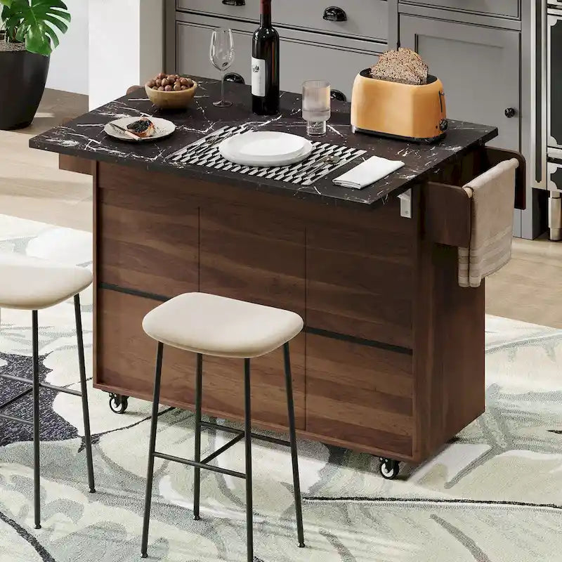 Kitchen Island with Built-In Trash Can Storage and Drop Leaf Cart