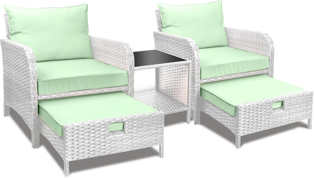LEVELEVE Balcony Furniture 5 Piece Patio Conversation Set, PE Wicker Rattan Outdoor Lounge Chairs with Soft Cushions 2 Ottoman&Glass Table for Porch, Lawn-Brown Wicker