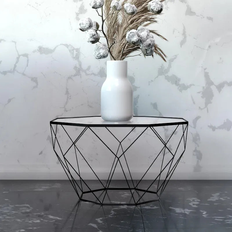 Malibu 22 Modern Octagonal Coffee Table with Tempered Glass Top and Durable Metal Geometric Base for Living Room or Office