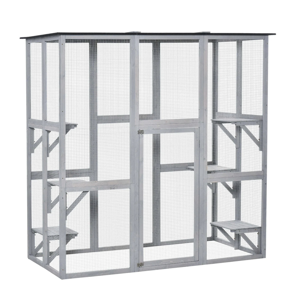 PawHut Wooden Catio Enclosure with Weather Protection, 6 Platforms, Outdoor, Large, 71" x 38.5" x 71"
