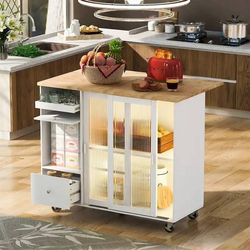 Kitchen Island with Drop Leaf Sliding Glass Doors and Storage on Wheels