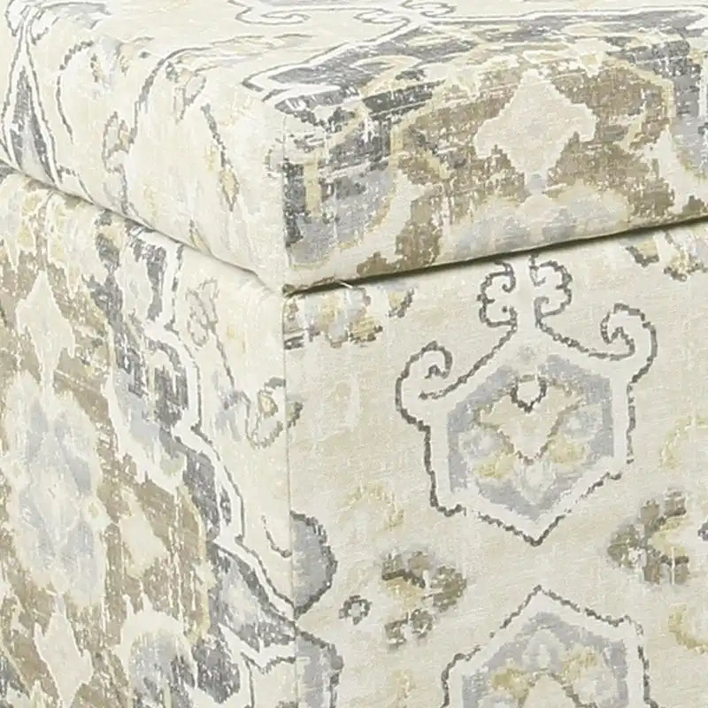 Large Brown and Cream Medallion Print Upholstered Wooden Bench with Hinged Storage