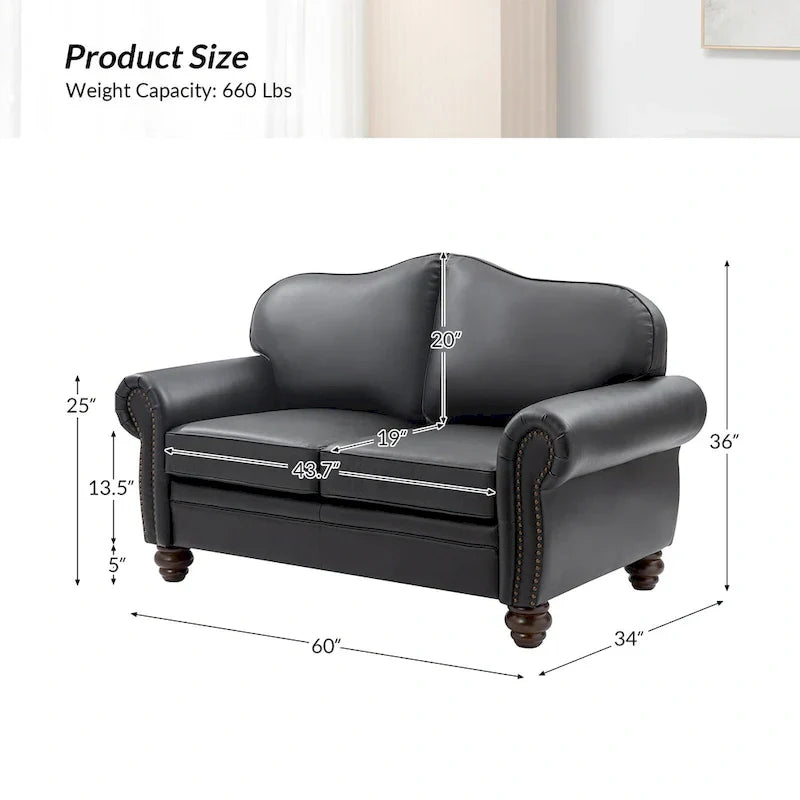 Leather Loveseat Sofa with Rolled Arms and Nailhead Trim