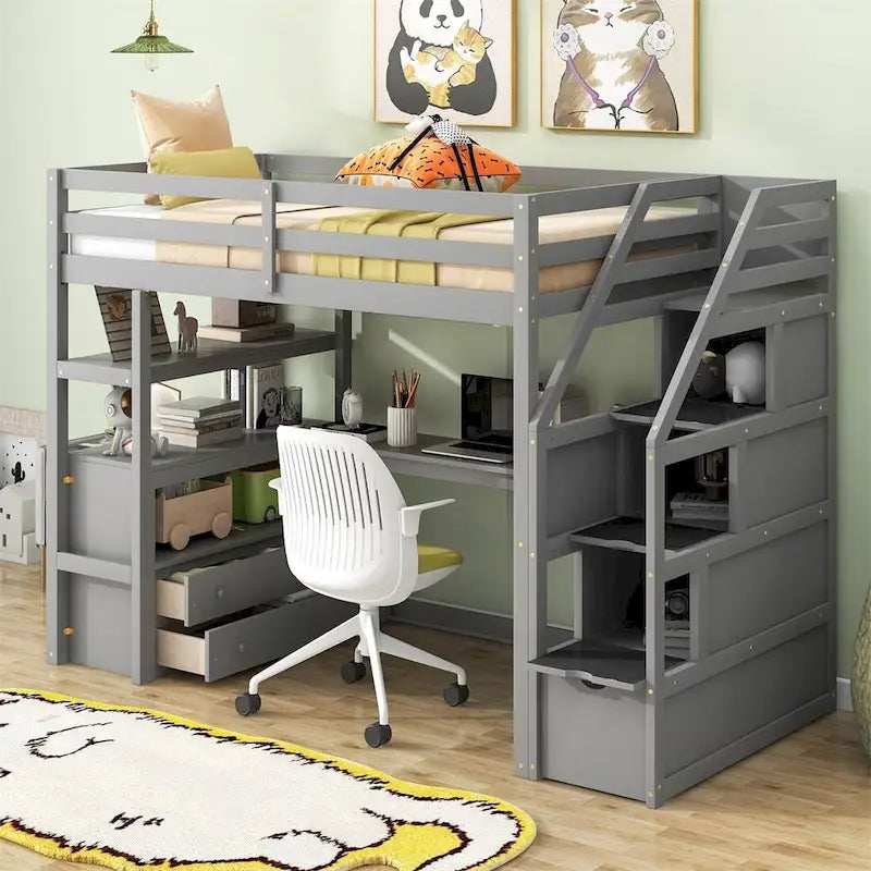 Merax Loft Bed with Integrated Desk and Storage Shelves