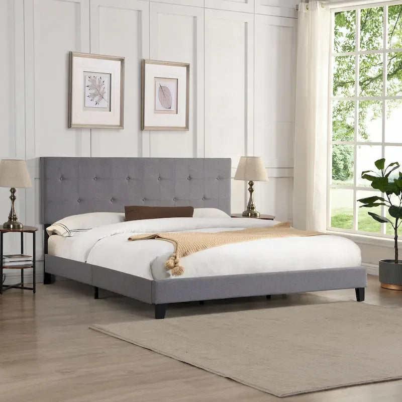 King Size Upholstered Platform Bed with Button-Tufted Linen Headboard