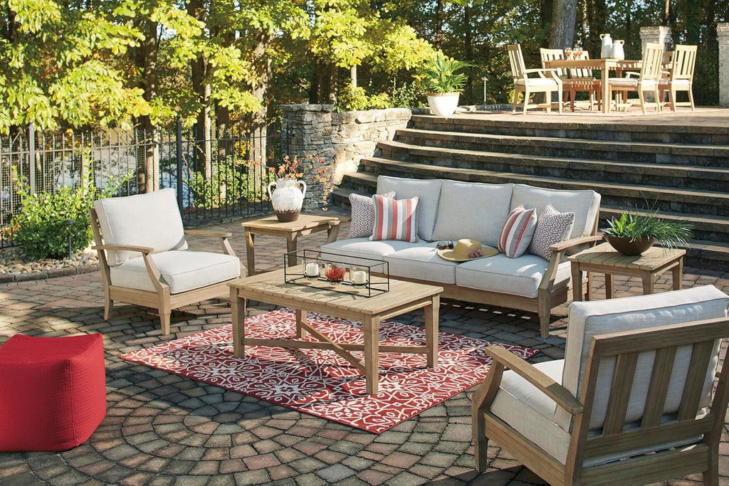 Signature Design by Ashley Clare View Coastal Outdoor Patio Eucalyptus Sofa with Cushions, Beige
