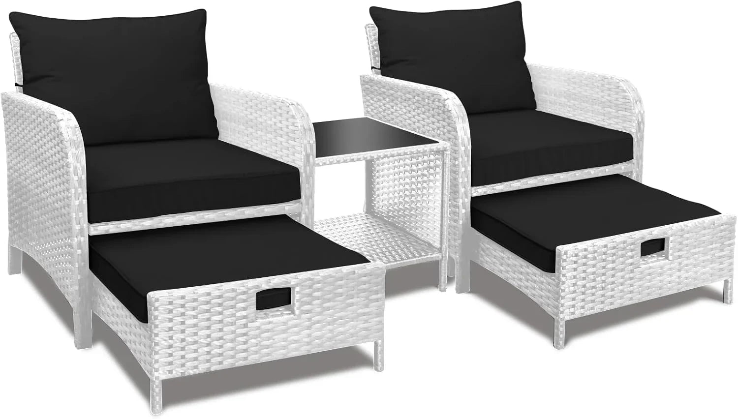 LEVELEVE Balcony Furniture 5 Piece Patio Conversation Set, PE Wicker Rattan Outdoor Lounge Chairs with Soft Cushions 2 Ottoman&Glass Table for Porch, Lawn-Brown Wicker