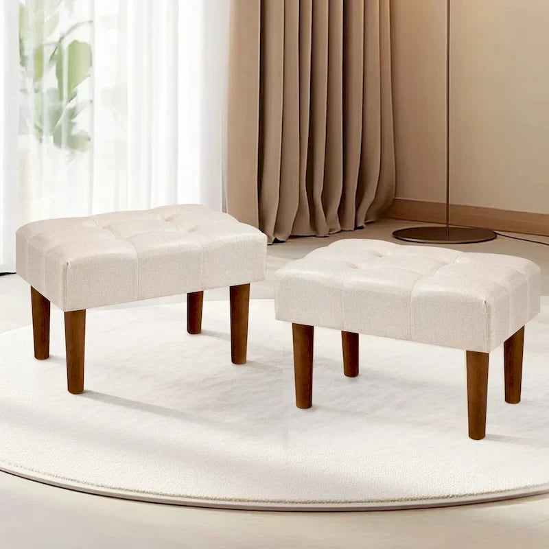 Set of 2 Small Linen Foot Stools with Legs - Rectangle Upholstered Ottoman Footrests