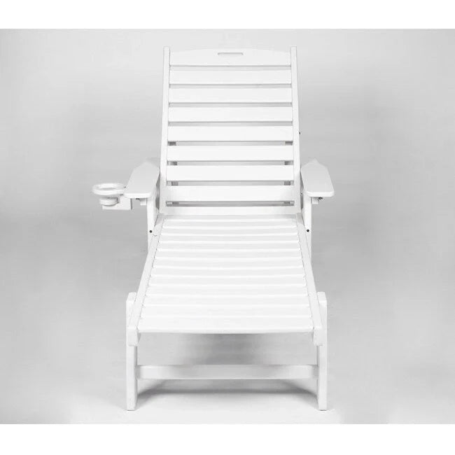 3-Piece Patio Set  2 Oversized Chaise Lounges (5-Position, Wheels, Cup Holder) + Side Table, All-Weather Wood Texture.