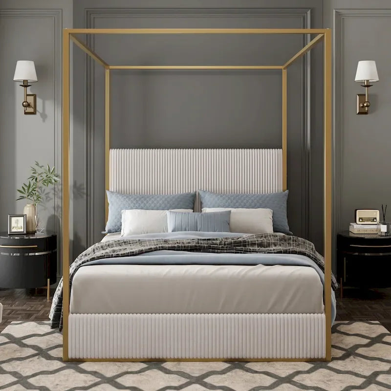 Metal Canopy Platform Bed with Vertical Stripe Upholstered Wingback Headboard - Four Poster, Low Profile Design
