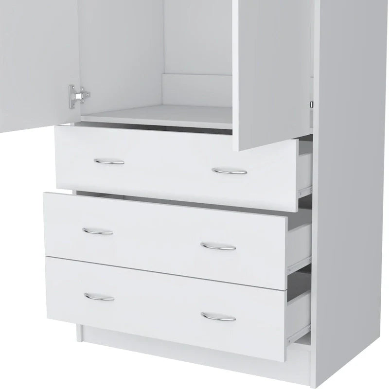 19 Modern Double-door Armoire with 3 Drawers and 1 Hanging Rod for Bedroom
