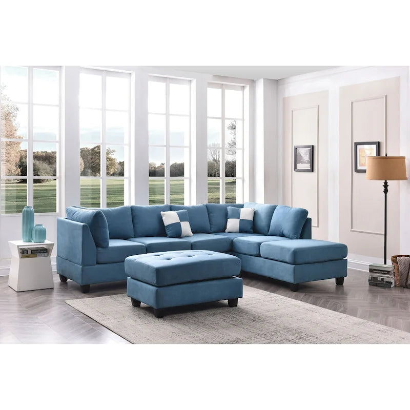 Malone 111-Inch Suede 4-Seater Sectional Sofa with Two Throw Pillows - Dimensions: 111L x 78W x 34H