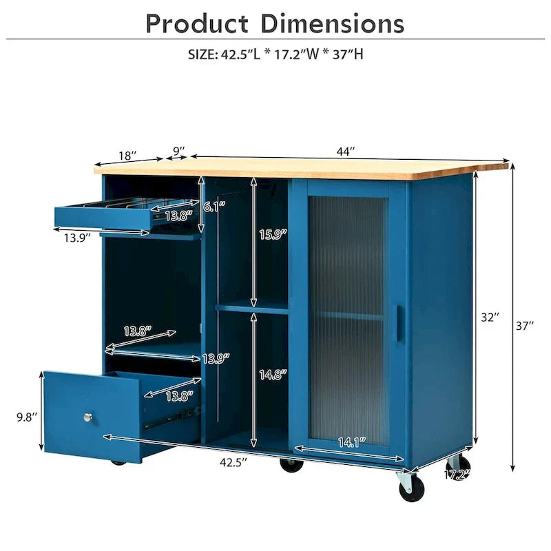 Kitchen Island with Drop Leaf Sliding Glass Doors and Storage on Wheels