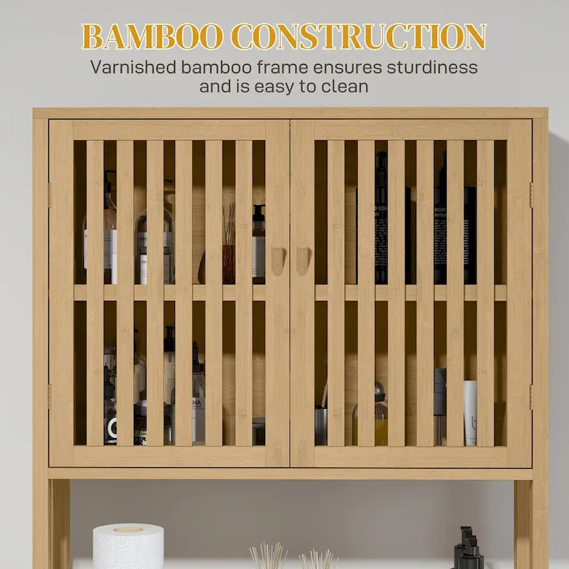 HOMCOM Bamboo Over-the-Toilet Storage Cabinet with Slatted Doors and Adjustable Shelf - Bathroom Organizer