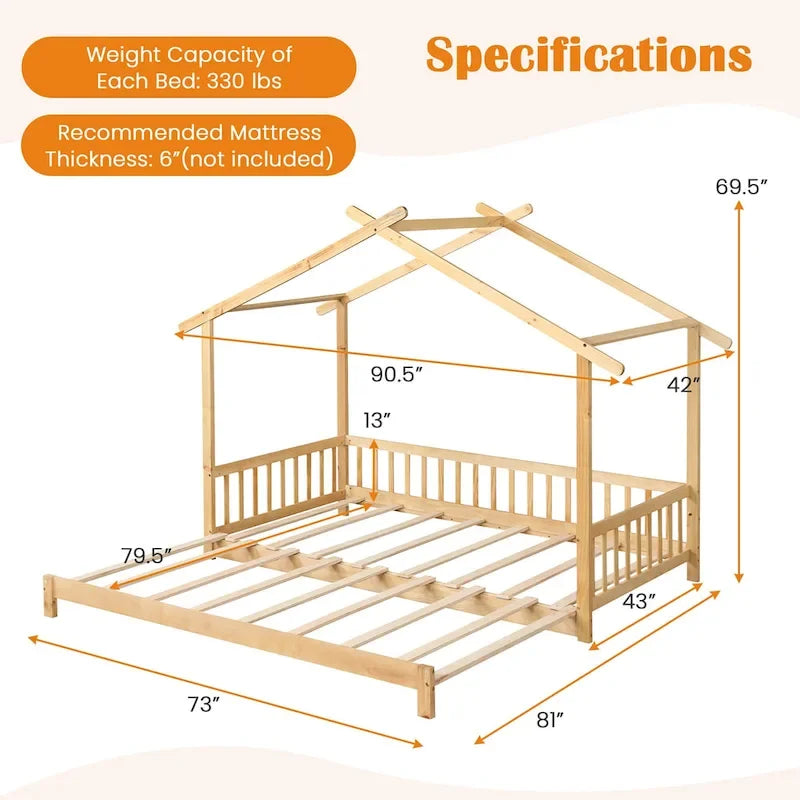 Gymax Twin to King Wooden House Bed Daybed with Safety Rails & Customizable Design
