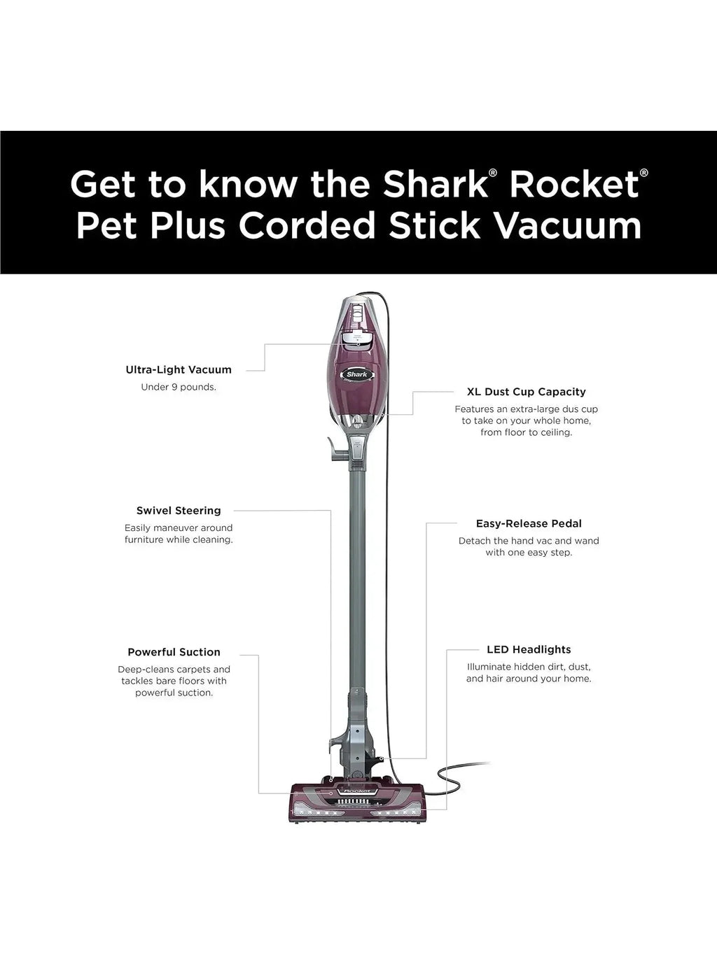 Shark HV322 Rocket Deluxe Pro Corded Stick Vacuum with LED Headlights, XL Dust Cup, Lightweight, Perfect for Pet Hair Pickup, Converts to a Hand Vacuum, with Pet Attachments, Bordeaux/Silver