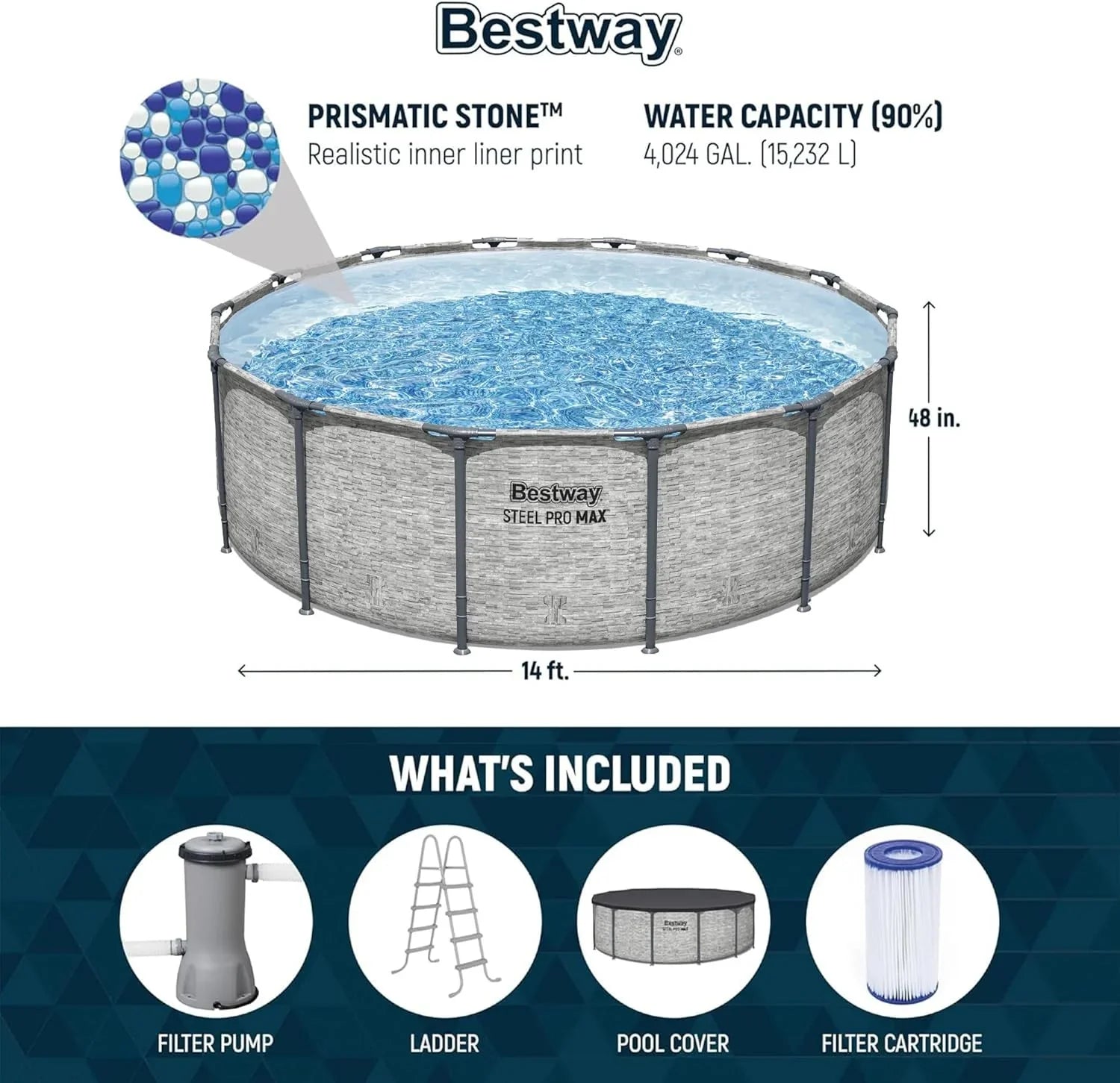 Steel Pro MAX 14 Foot x 48 Inch Round Metal Frame Above Ground Outdoor Swimming Pool Set with 1,000 Filter Pump, Ladder, and Cover, Gray