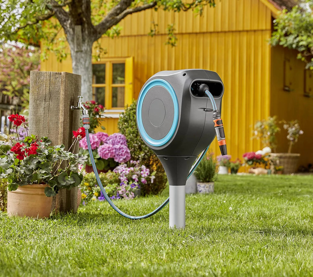 66' x 1/2" Automatic Retractable Garden Hose Reel on Metal Spike, 66' Outside Garden Hose Length, with 360�� Rotation to Reach All Areas of Your Yard