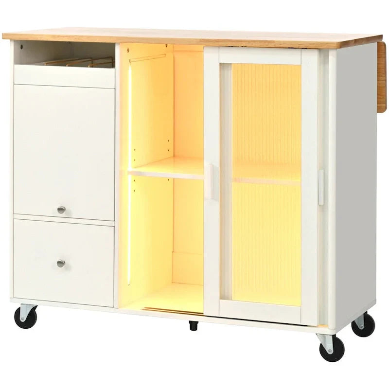 Kitchen Island with Drop Leaf Sliding Glass Doors and Storage on Wheels